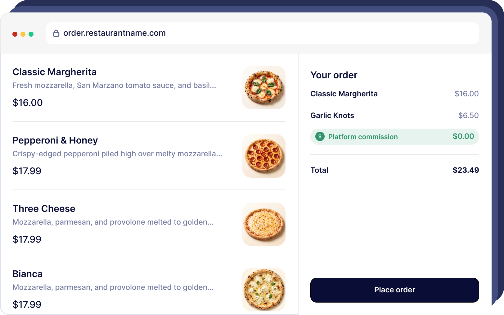 Restaurant's own ordering website showing a pizza menu and an order summary with $0.00 platform commission.