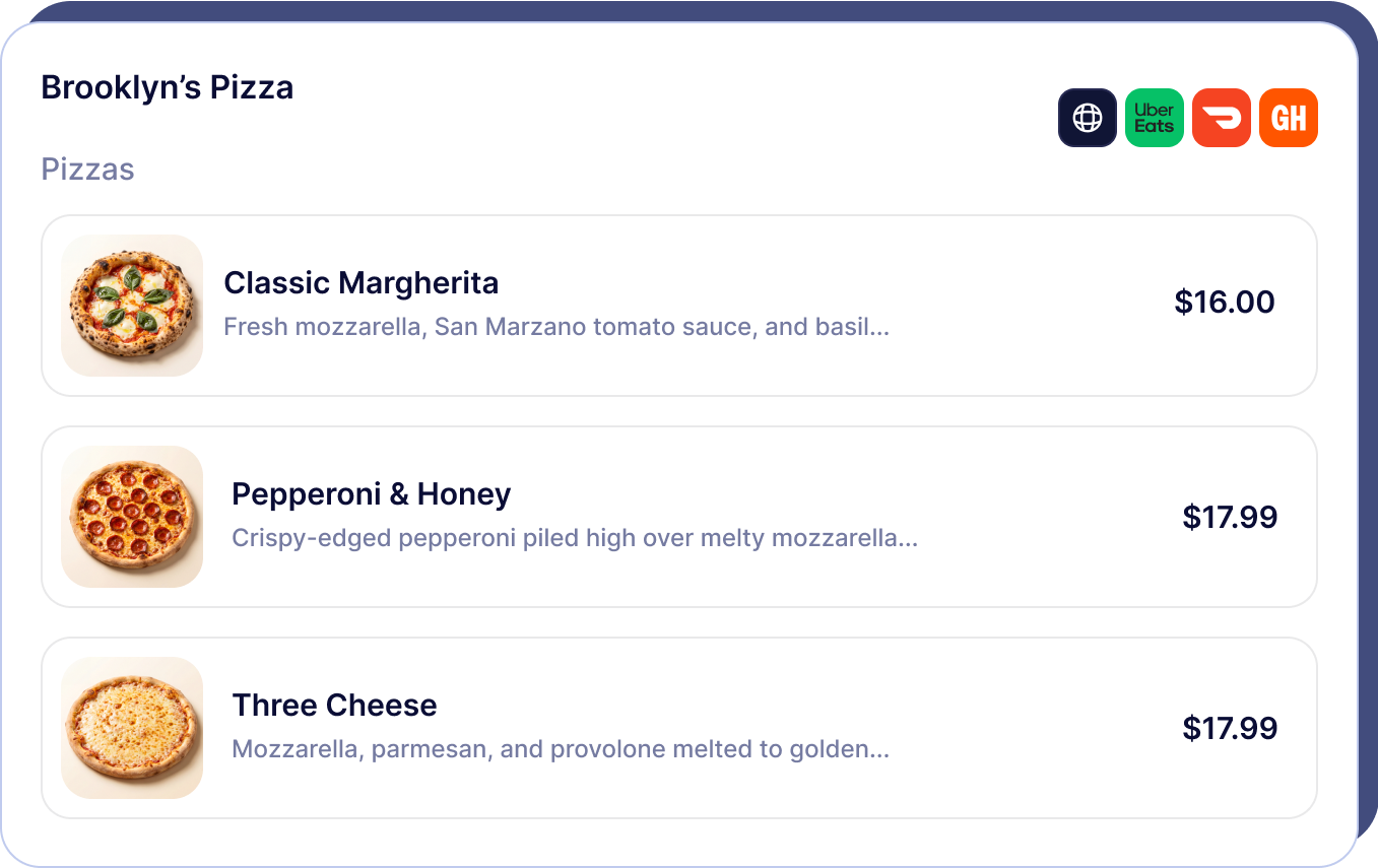 Menu manager showing Brooklyn's Pizza items and prices synced across UberEats, DoorDash, and Grubhub.